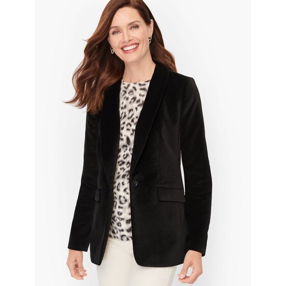 Talbots Womens Blazer Jacket 2P Petite Black Velvet One Button Holiday Career - Picture 1 of 11
